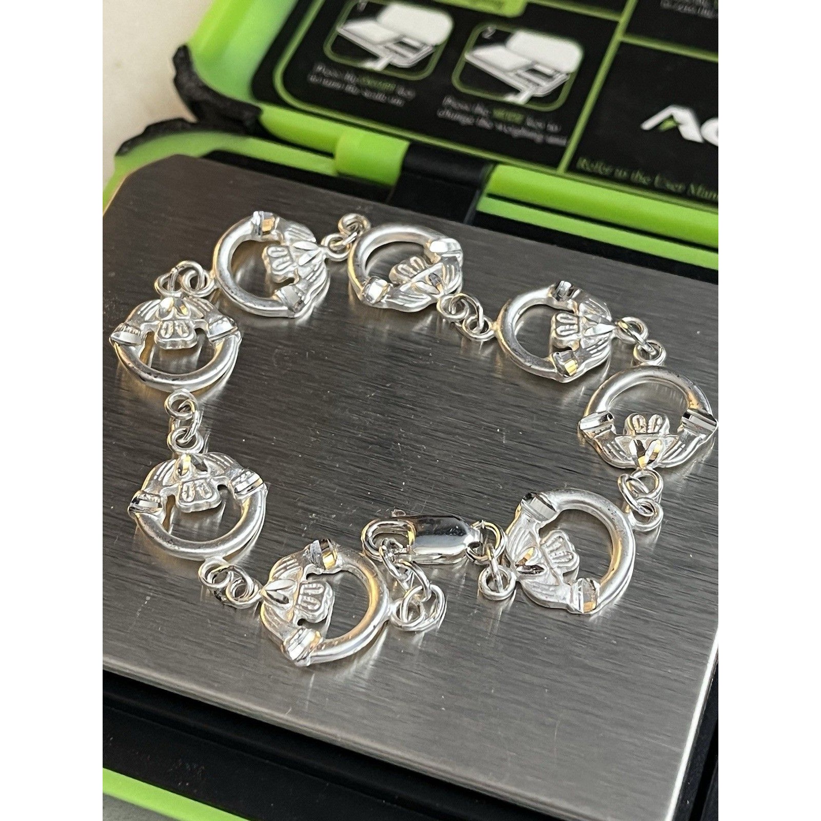 Irish Celtic Claddagh Link Sterling Silver Bracelet Chain Love 7in